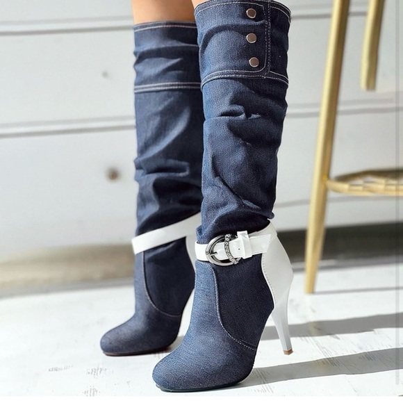 NWOT Stylish Denim and White Heeled Boots - Picture 4 of 5